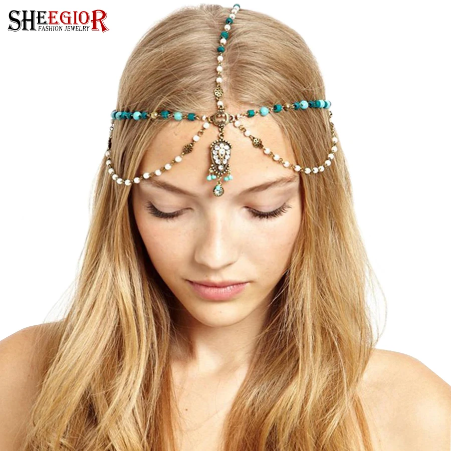 SHEEGIOR Indian Ethnic Wood Beads Hair Jewelry 2 Layers Chain Pearls