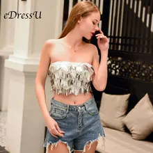 Women Sequins Tank Top Sexy Glitter Sequins Strapless Crop Top Club Bling Metal Summer Vest Tee Party Wear eDressU MS-A124 twist hem glitter crop tee