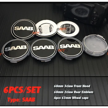 

Hot selling 6pcs/set 68mm Front Hood Emblem+Rear Emblem+63mm saab Wheel Hub Cap for saab 9-3 9-5 93 95 BJ SCS car styling