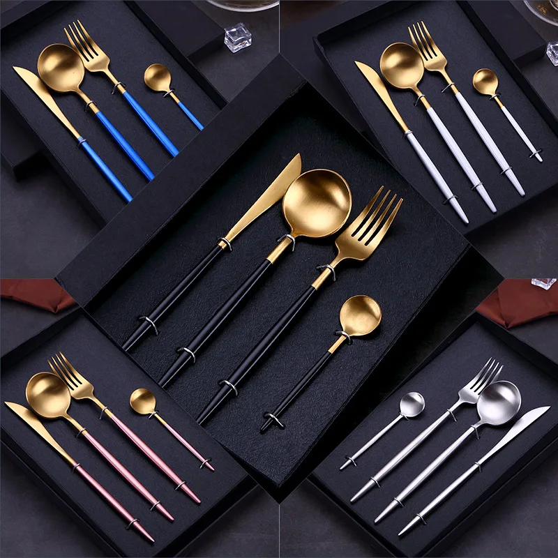 fork knife set Container for Spoons and Forks 24Pcs/set Black Stainless Steel Cutlery Sets with