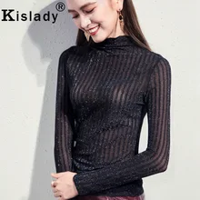 Kislady, сексуальные прозрачные топы в сетку, женские, с длинным рукавом, блестящий шелк, черный, плюс размер, нижняя рубашка, модные топы для клуба, вечерние
