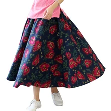 Цветочный принт в китайском стиле Расклешенная юбка женский по щиколотку плиссированная юбка Весна Осень эластичный пояс, карманы юбка