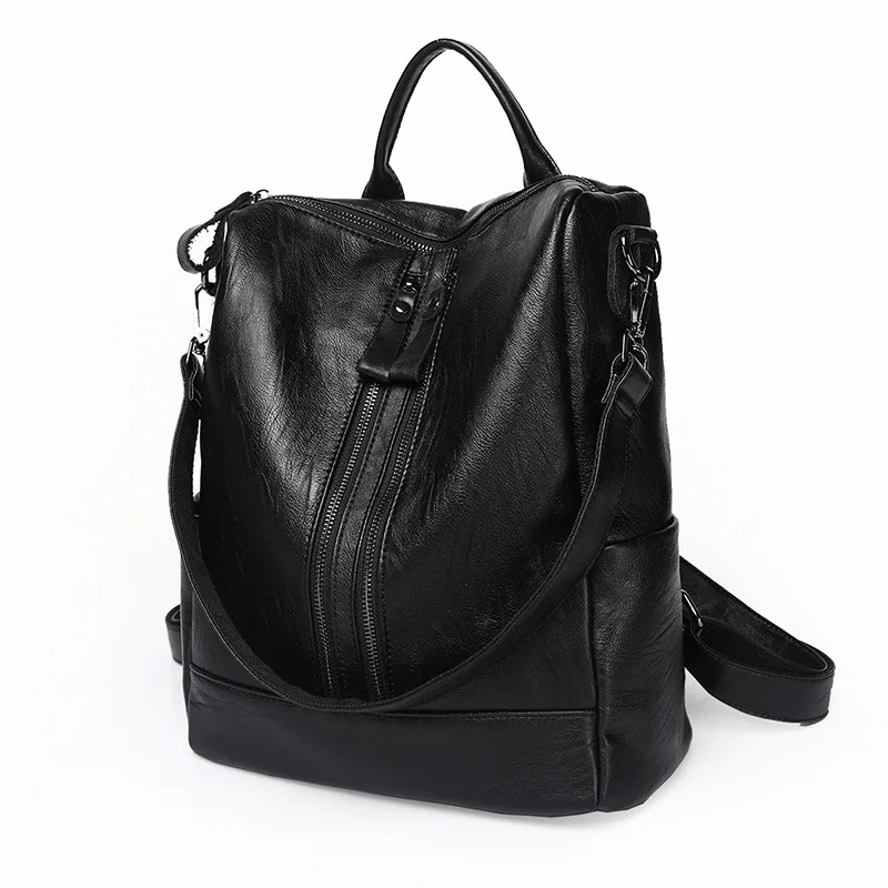 2017 New Fashion Style Women Black PU Leather Zipper Big Capacity Student Purse Shoulder Backpack Hand