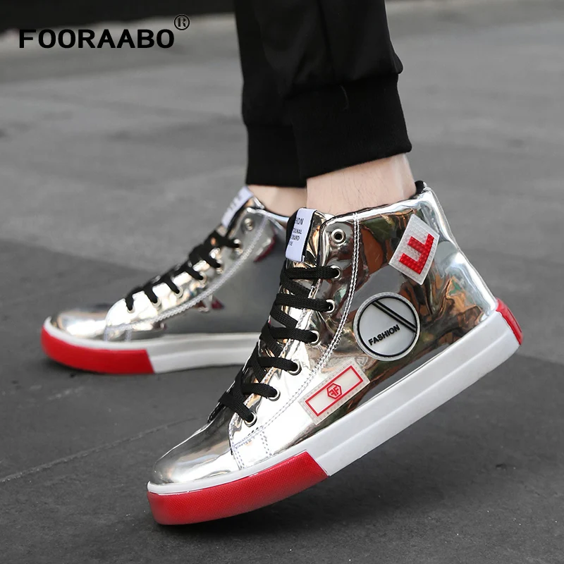 cheap High Quality 2019 Men #039;s leather casual shoes hip hop Gold fashion Man sneakers silver microfiber high tops Male shoes size 46