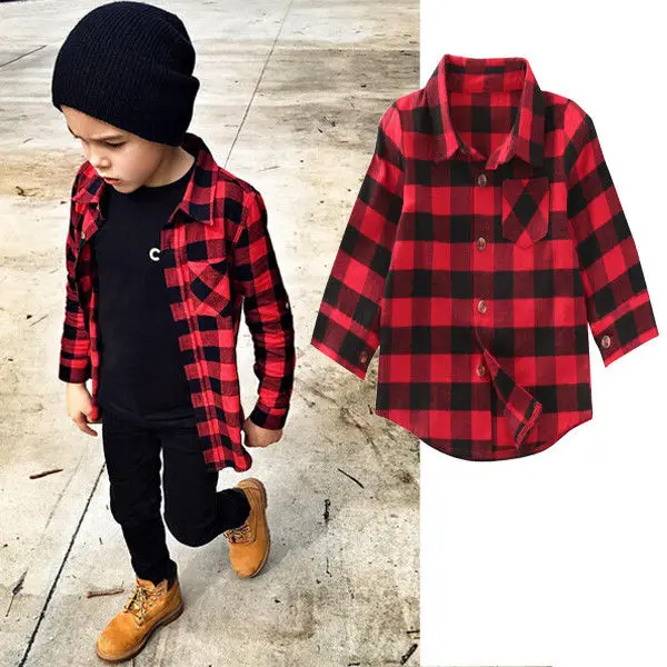 

2018 Baby Kids Boys Girls Long Sleeves Shirt Red Plaids Checks Tops Blouse Casual Clothes 1-7Y