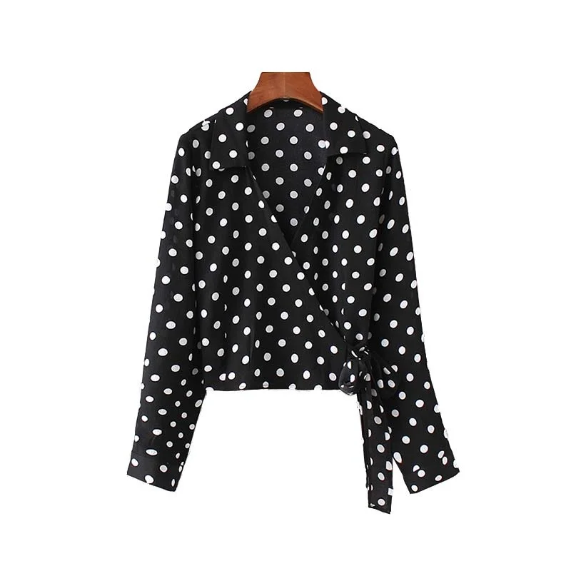 

women vintage polka dot print blouses bow tie cross V neck long sleeve shirts retro ladies casual chic tops blusas