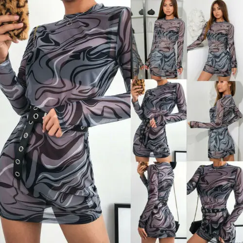 Womens Lace Mesh Dress Sheer Bodycon Pencil Evening Clubwear Party Mini NEW | Женская одежда