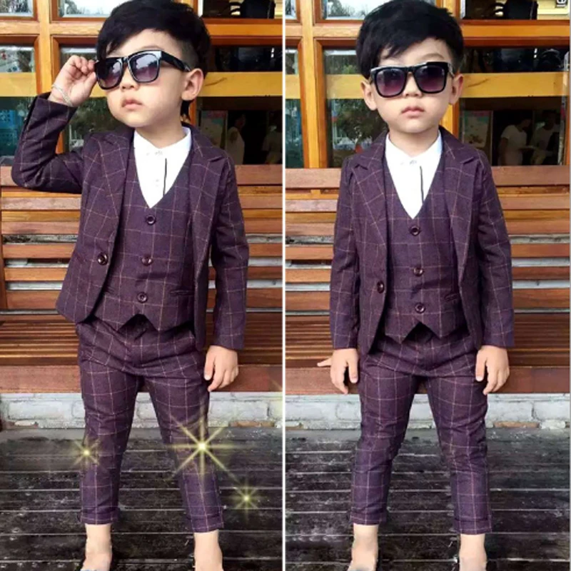 

WENDYWU New Boys Wedding Wear Kids Clothing Single Breasted Boys Suits & Blazers 3PCS Coats + Plaid Vest +Suit Pants for 3sb002