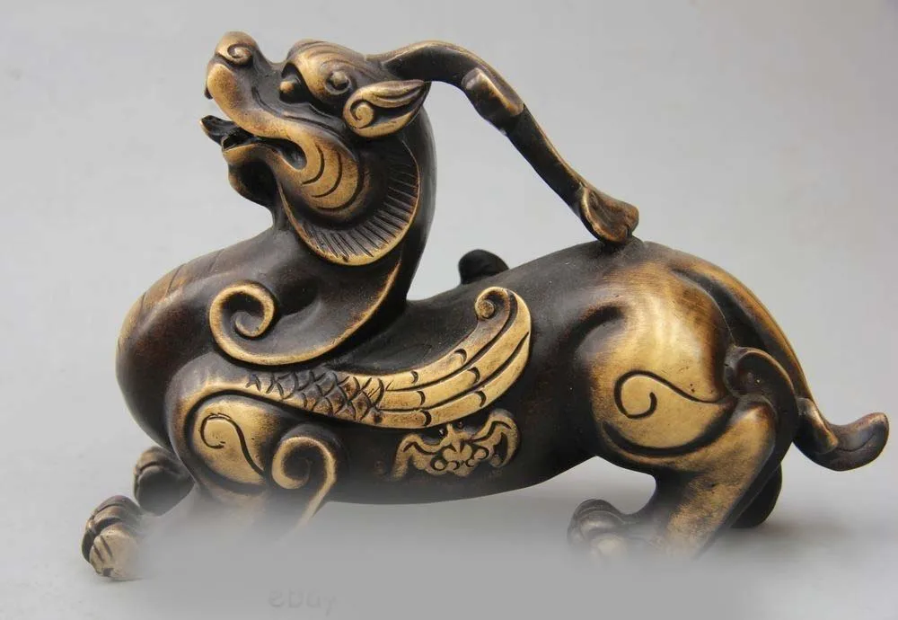 

5" Old China Chinese Folk Bronze Unicorn Beast Pi Xiu Animal Statue Sculpture