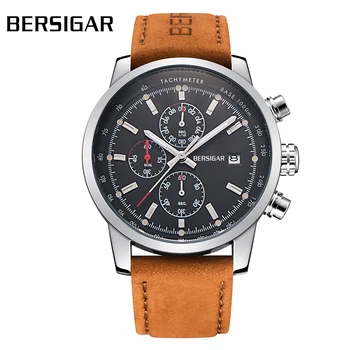 

BERSIGAR Men's Quartz Waterproof Chronograph Watch Business Casual Sports Fashion Design Brown Leather Strap Relogio Masculino