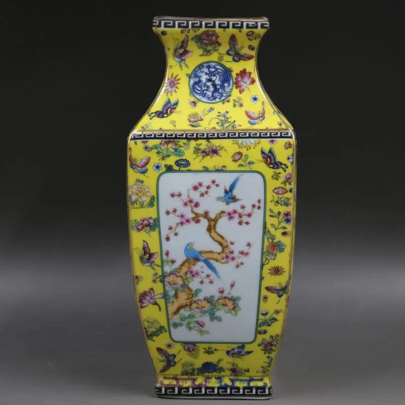 Qing Dynasty Qianlong year mark enamel flower and bird square vase
