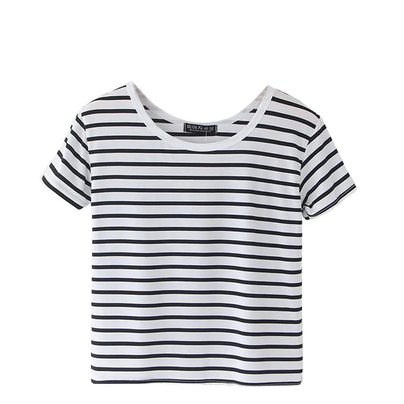 

Women Striped Loose T-shirts Camiseta Thin Female O-neck Cotton Tshirt Short Sleeve Casual Crop Top Tee Shirts 2017 New
