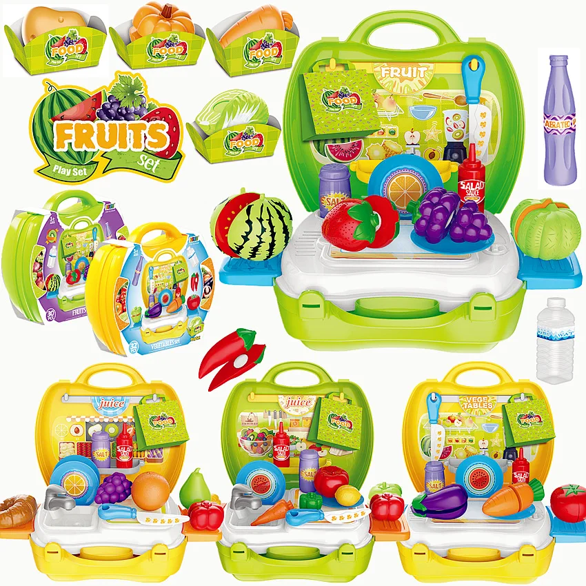 

Children Simulation Kitchen Cook Tableware Kits Fruits Vegetables Bread House Pretend Play Toy Suitcase Best Gift For Children