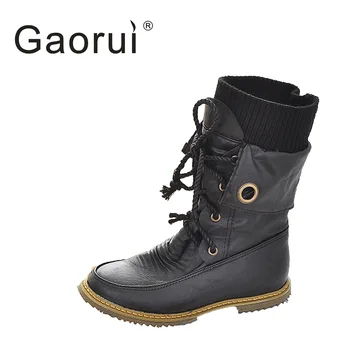 

Gaorui Autumn Winter Fashion PU Mid Culf Flats Lace Up Motocycle Boot Woman Warm Boot