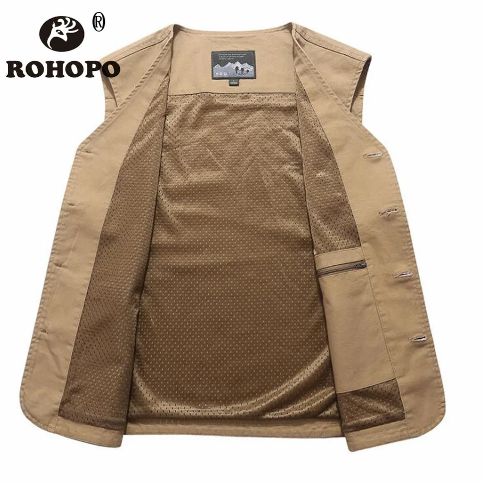 ROHOPO хлопковый мужской жилет 6xl 7xl 8xl, безрукавка для сафари, повседневный жилет, Vneck, карманы для инструментов, мужской жилет