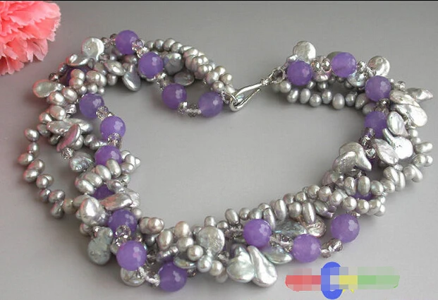 

Free shipping@@@@@ 4row 18" gray rice coin pearl violet jade faceted crystal NECKLACE p969