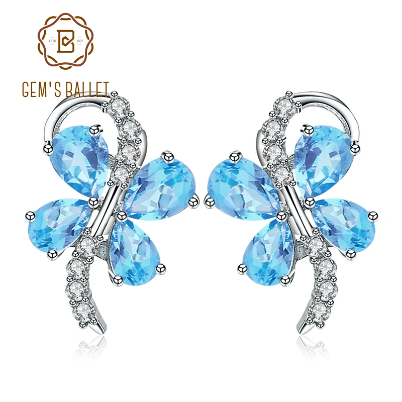 Серьги клипсы женские из серебра 925 пробы с натуральным швейцарским голубым