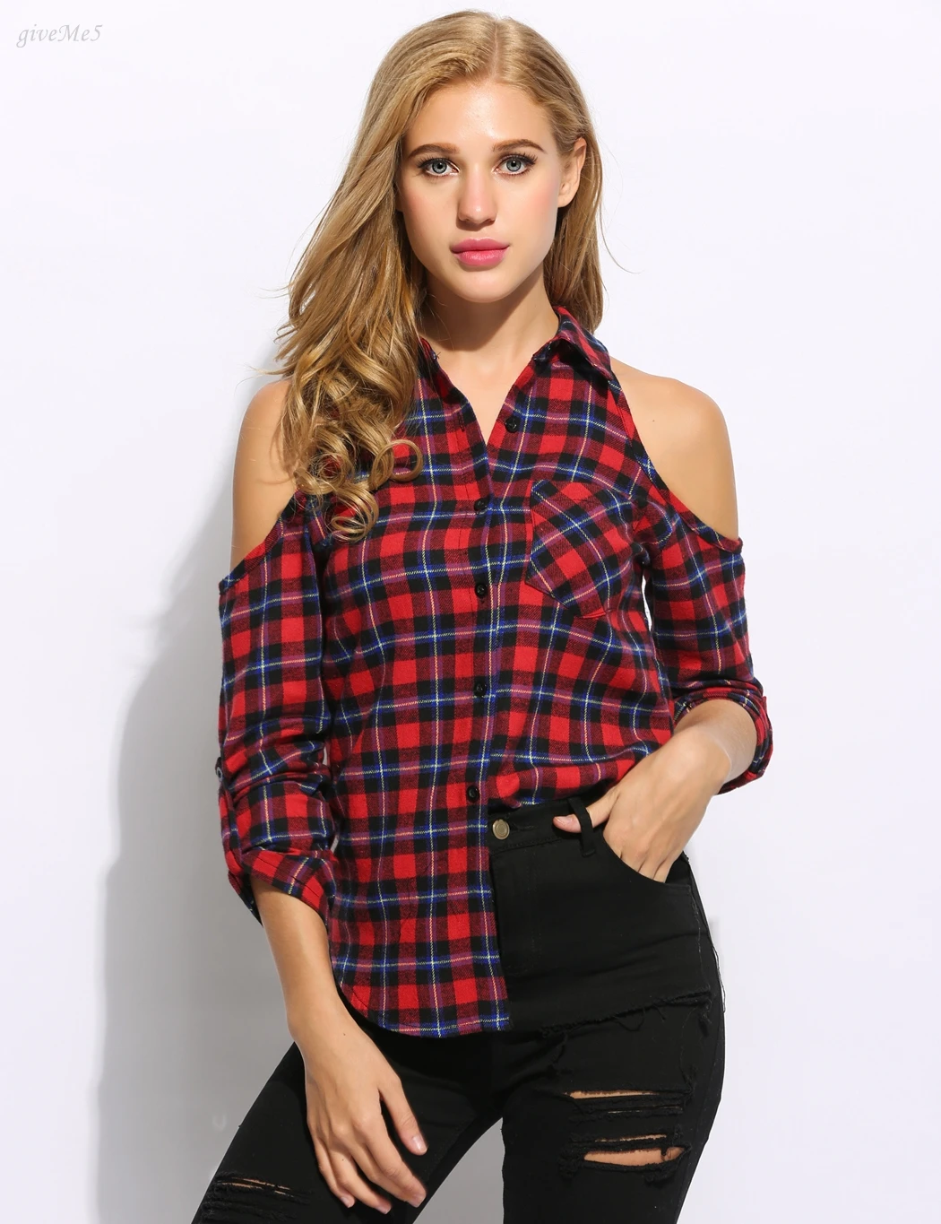 Sexy Women Off Shoulder Red Plaid Shirt 