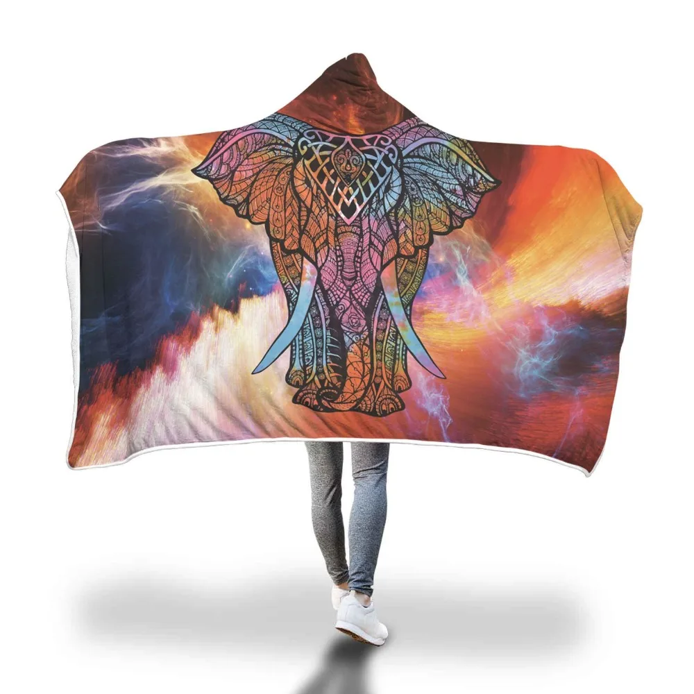 

Bohemian Elephant Printed Hooded Blanket for Adults Sherpa Fleece Lotus Flower Wearable Picnic Bed Throw Warm Blanket 150x200cm