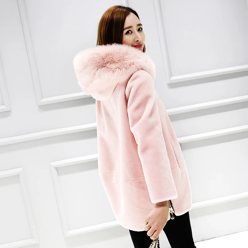 Меховое пальто женский длинный абзац с капюшоном новая осенняя и зимняя овчина Корейская версия была тонкой пальто Имитация лисьего меха