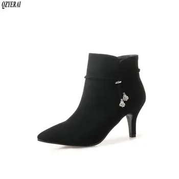 

QZYERAI New fall winter European style 100% leather women boots mid-heel zipper ankle boots natural sheepskin women shoes