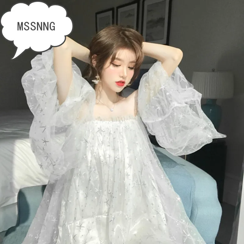 MSSNNG 2019 Summer New Korean Sexy Word Collar Strapless Stars Loose Mesh Dress Fairy Formal Women Elegant | Женская одежда