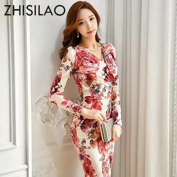

Floral Mini Dress Women Skinny Bodycon Dress V-neck Long Sleeve Party Dress Vestidos Spring 2019 Elegant Dress Vintage Slim