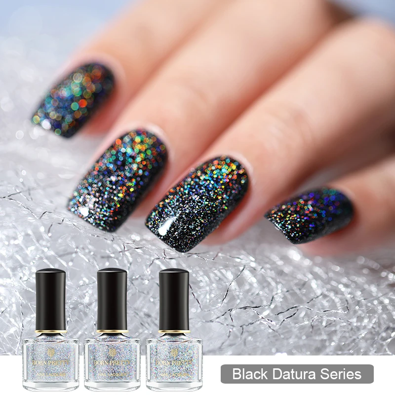 

BORN PRETTY Holographic Nail Polish Galaxy Sequins Nail Polish Art Holo Glitter Top Coat Black Datura Series Nail Polish Set