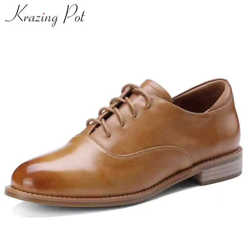 

2018 Krazing Pot simple style genuine leather low bottom round toe solid lace up party travel dress up women all-match pumps L59