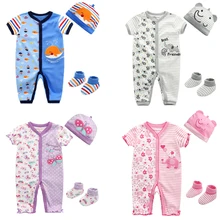 Комплект одежды из 3 предметов: комбинезон+ шапочка+ носки одежда для маленьких девочек хлопковая одежда для маленьких мальчиков одежда с короткими рукавами для девочек Одежда для новорожденных
