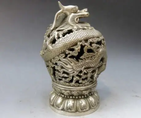 China silver handwork carved eight treasures censer dragon incense burner Statue 