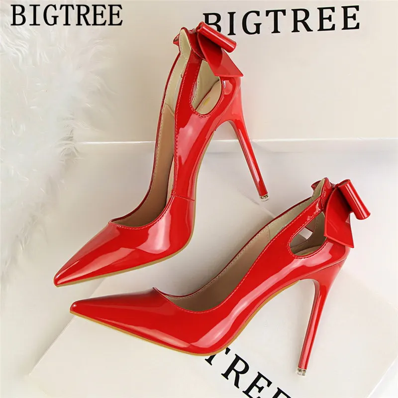 Patent leather butterfly-knot sexy high heels women wedding shoes buty pumps women shoes bigtree shoes tacones altos mujer sexy