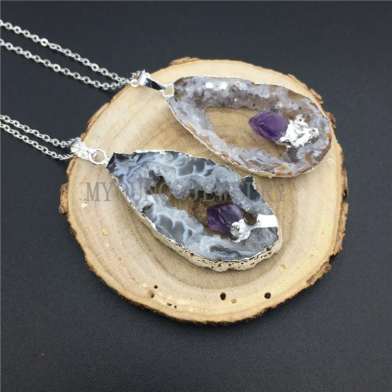 

Natural Agates Geode Druzy Slice Pendant with Amethysts Point Embedded Necklace ,Silver Electroplated Edges And Chain MY0855