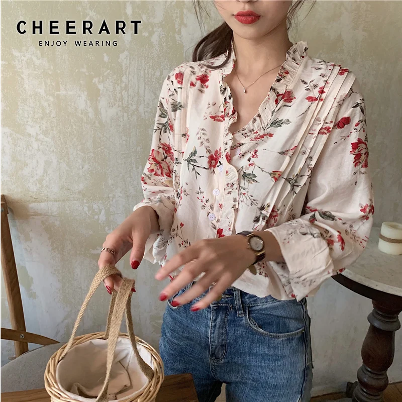 Cheerart الكورية الأزهار بلوزة طويلة الأكمام الكشكشة الخامس الرقبة قمم و البلوزات زهرة طباعة عارضة السيدات أعلى الربيع الصيف