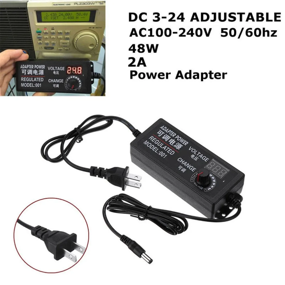 

3-24V AC/DC Adjustable Power Supply Adapter LED Digital Display 2A 48W Speed Control Volt Regulator with Knob US Plug