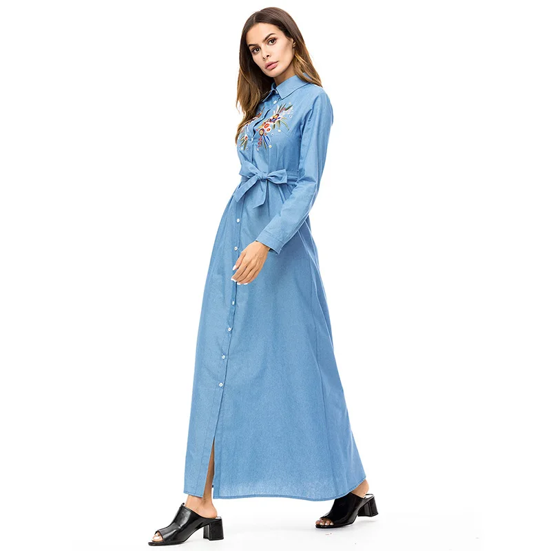 ShejoinSheenjoy Turn-down Collar Embroidery Muslim Abaya Denim Blue Women Long Dress Middle East Islamic Clothing Casual Dress (4)