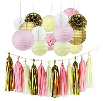

18 Pcs Ivory,Pink and Gold Tissue Paper Flowers Pom Poms Lanterns and Garland for Baby Shower Wedding Party Decoration