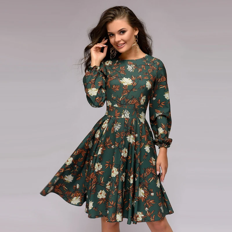 Autumn Winter Ladies Print Christmas Elegant Dress Lantern Sleeve O