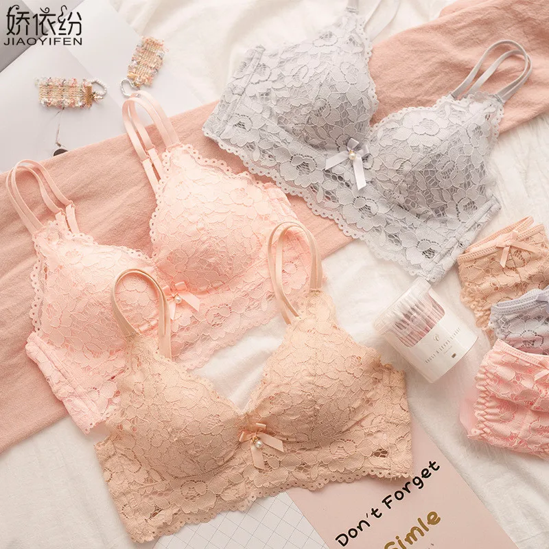 

Sexy Lace Women Underwear Set Deep V Push Up Brassiere Embroidery Wire Free Unlined Bra Set Comfortable Lingerie Bra Briefs Sets