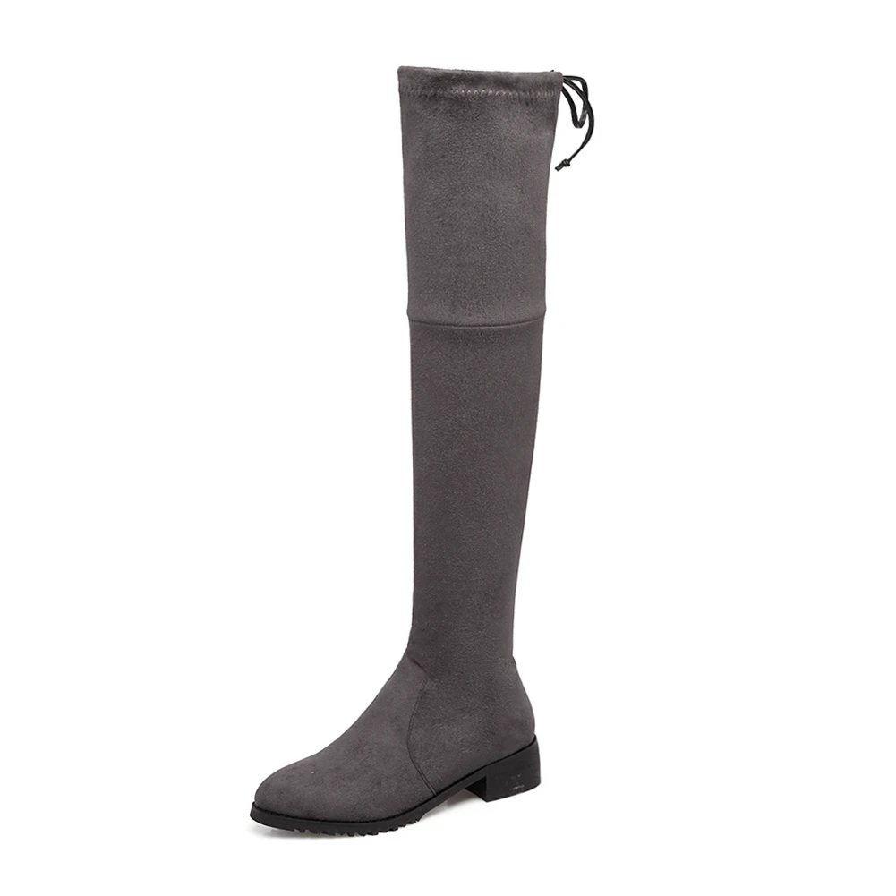 BONJOMARISA/ г. Новые Элегантные Осенние ботфорты, Размеры 33-46 пикантные женские высокие сапоги из флока женская обувь на низком каблуке - Цвет: dark grey 1 thin fur
