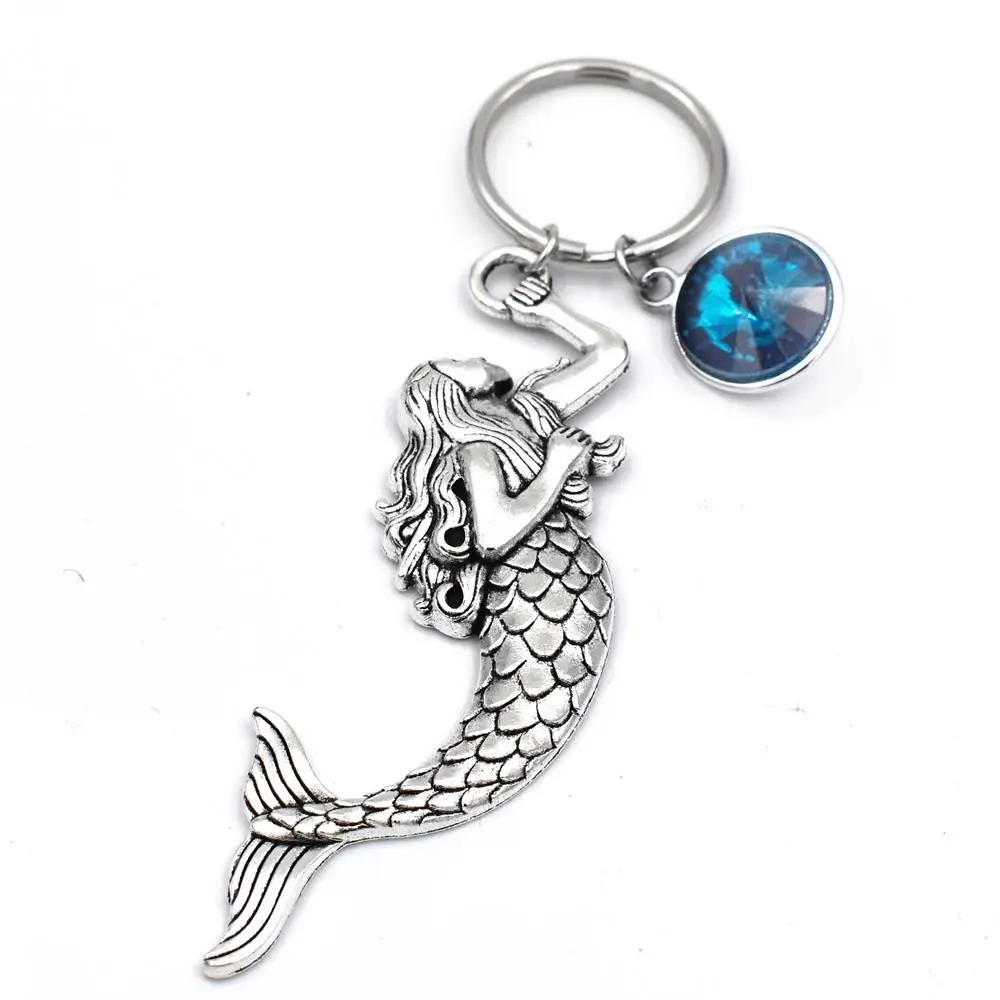 

BULK 10pcs Large Mermaid Blue Stone Charm Keyring Beach Ocean Sea Lover Keychain Antique Silver Plated Handmade Jewelry Gifts