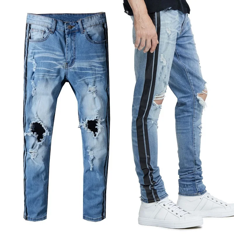

New Italy Style #5312# Men's Distressed Hollow Out Pants Black Sides Blue Denim Skinny Jeans Slim Trousers Size 28-40