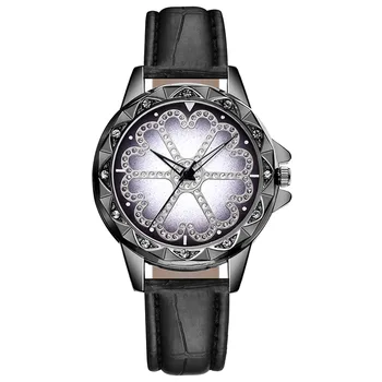 

Luxury Diamond Flower Ladies Wristwatches Women's Fashion Black Casual Leather Watch Beauty Woman Quartz Clock Reloj Mujer
