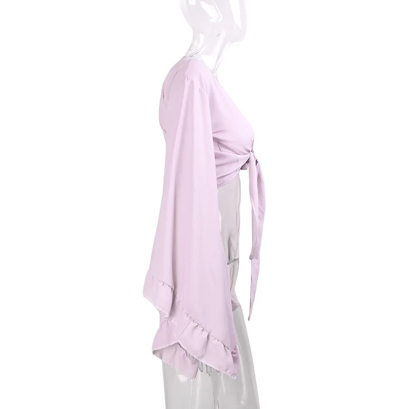 Новинка, Летняя короткая шифоновая блузка с большим Расклешенным рукавом и галстуком-бабочкой в стиле Лолиты, женская блуза с бантом спереди