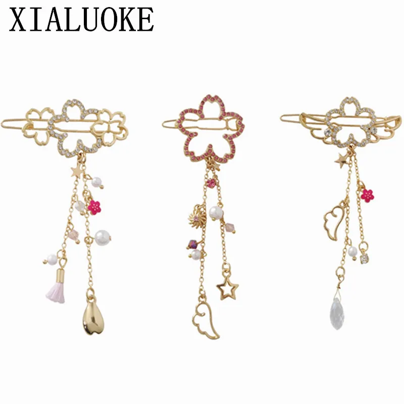 

XIALUOKE 2018 fashion joker cherry blossom wing clip The stars fringed edge clip hair girl students Headdress woman jewelry
