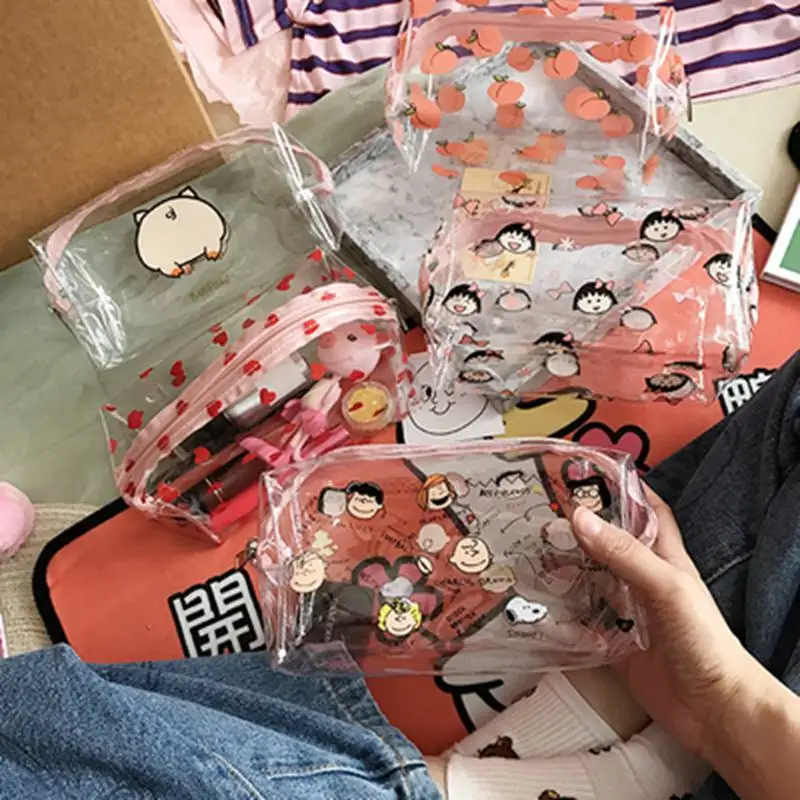 لطيف الكرتون فتاة حقيبة مستحضرات تجميل النساء شفافة حقيبة مستحضرات التجميل سحاب من الكلوريد متعدد الفينيل ماكياج كيت السفر أدوات الزينة الم...