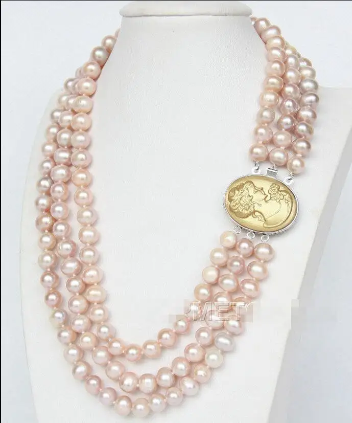 

Free Shipping >>Genuine 3rows 9mm pink lavender cultured pearls necklace cameo clasp E2097