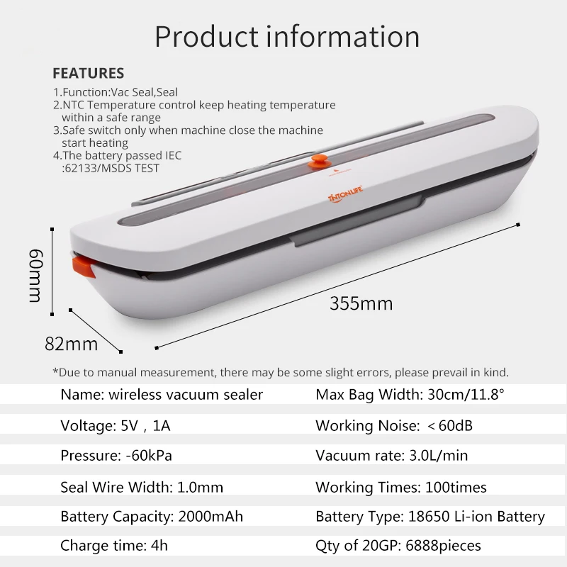 2000mAh беспроводной пищевой вакуумный упаковщик дорожная упаковочная машина с 10 шт мешками