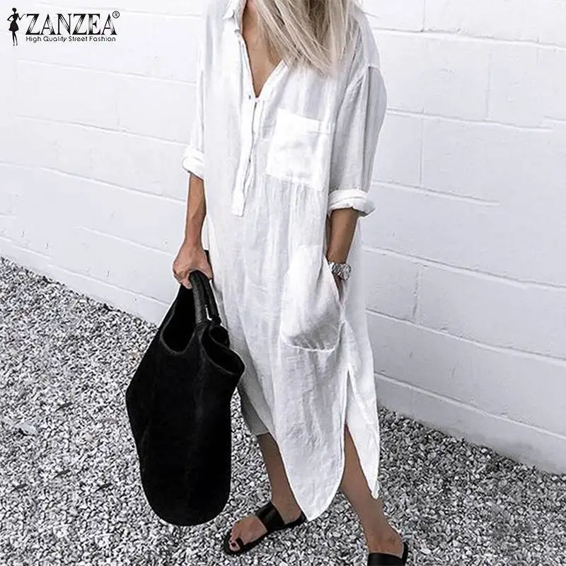 

ZANZEA Fashion Autumn Women Lapel Neck Cotton Linen Sundress Solid Long Shirt Dress Female Long Sleeve Buttons Split Hem Vestido