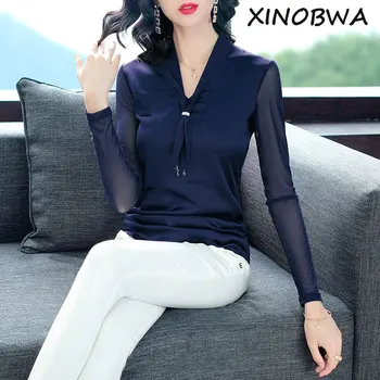 

2018 Autumn Winter Europe Women Fashion Sexy V Neck Long Sleeve Patchwork Slim Body Shirts T Shirt Astroworld Female Tees Dsq2